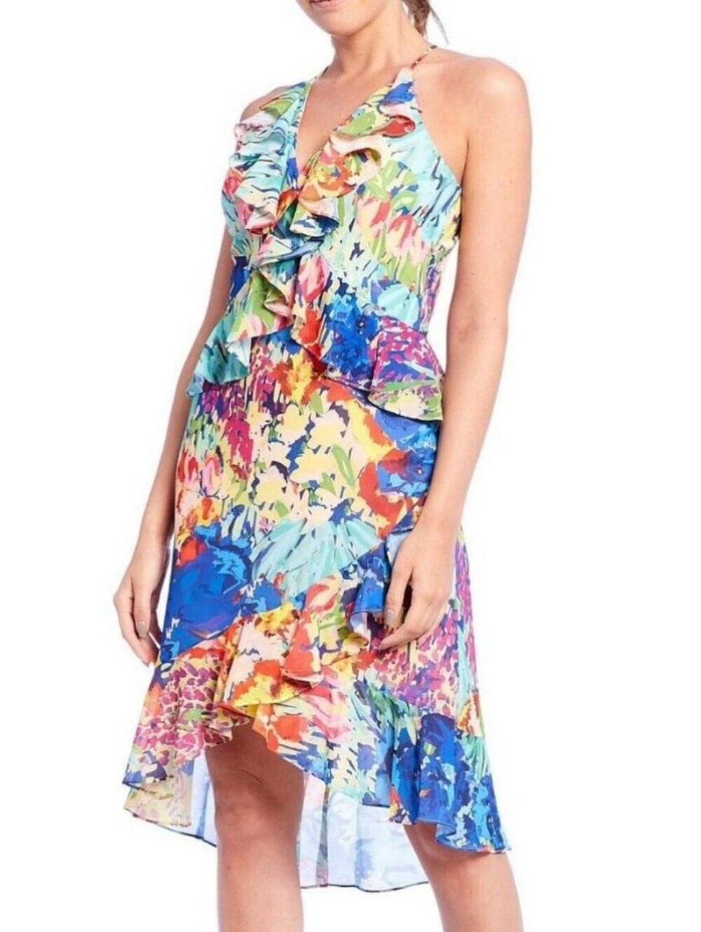 Belle Badgley Mischka Faith Floral Ruffle V-Neck Asymmetrical Hem Dress Sz 10